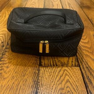 Estee Lauder New Black Cosmetic Bag with Print and Gold Zippers & Carry Handle